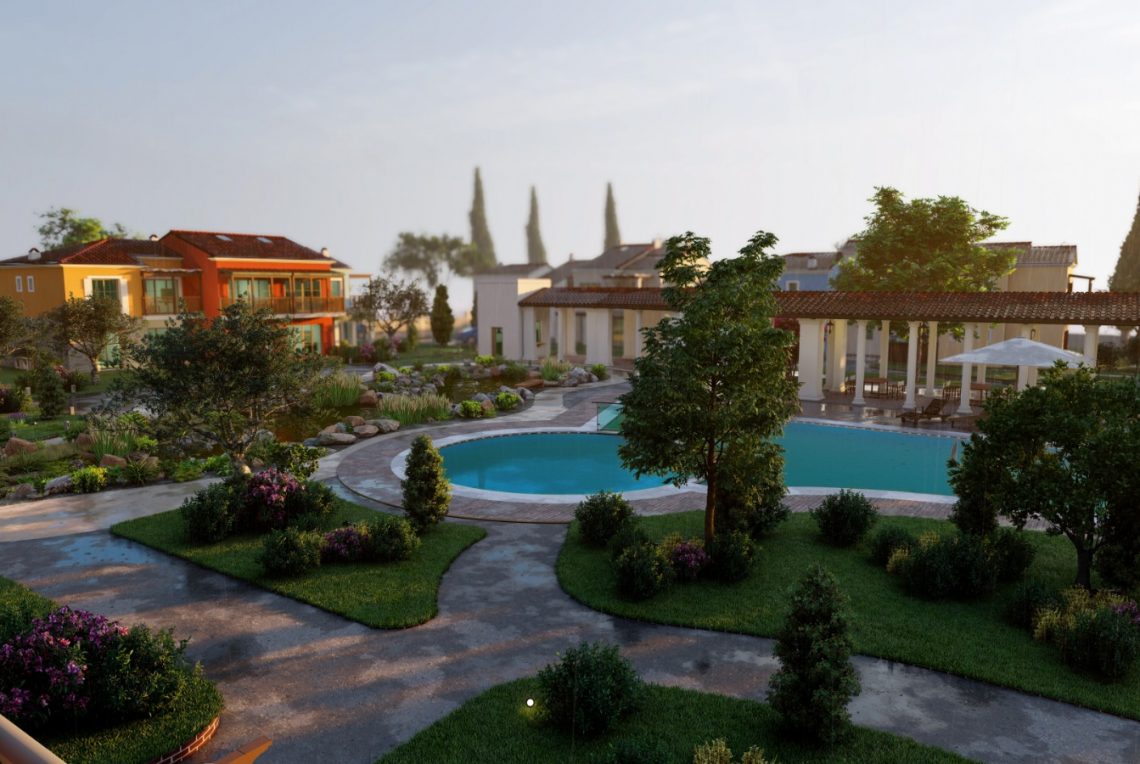 Six detached villas surrounding a communal swimming pool and landscaped garden in Turkey