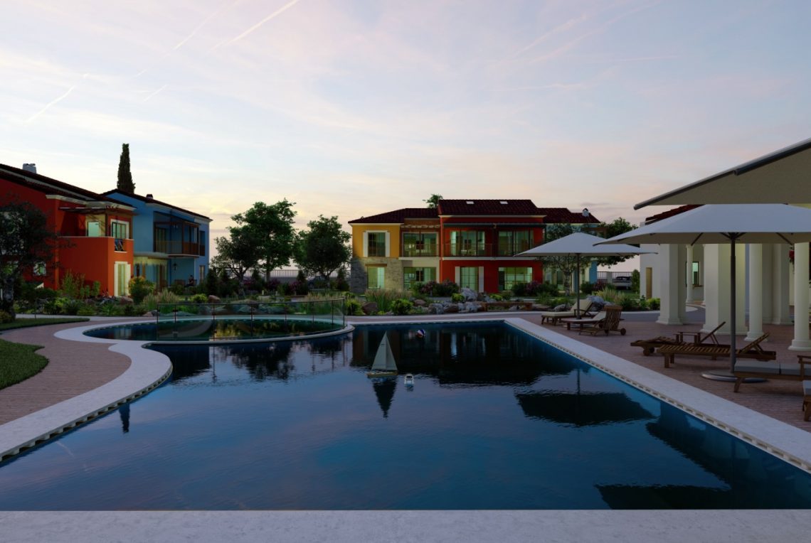 Top-down site map view of eight detached villas with a communal swimming pool and landscaped gardens in Turkey