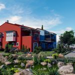 Top-down site map of apartment complex with landscaped gardens and communal swimming pool in Turkey