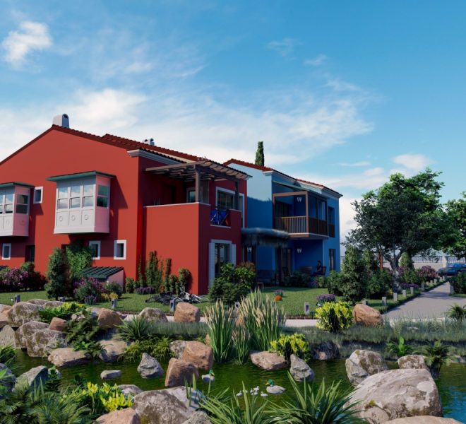 Top-down site map of apartment complex with landscaped gardens and communal swimming pool in Turkey