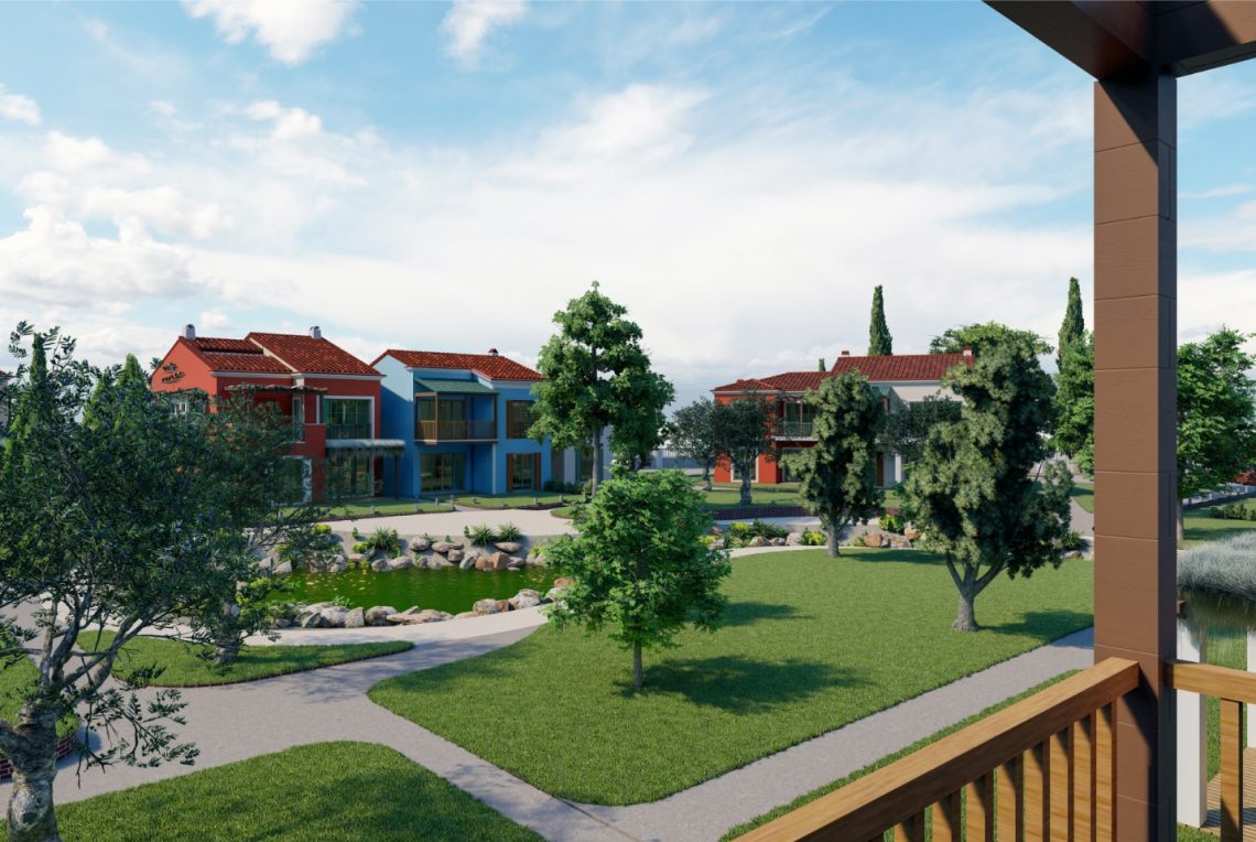 Apartment buildings surrounded by landscaped gardens in Fethiye, Turkey