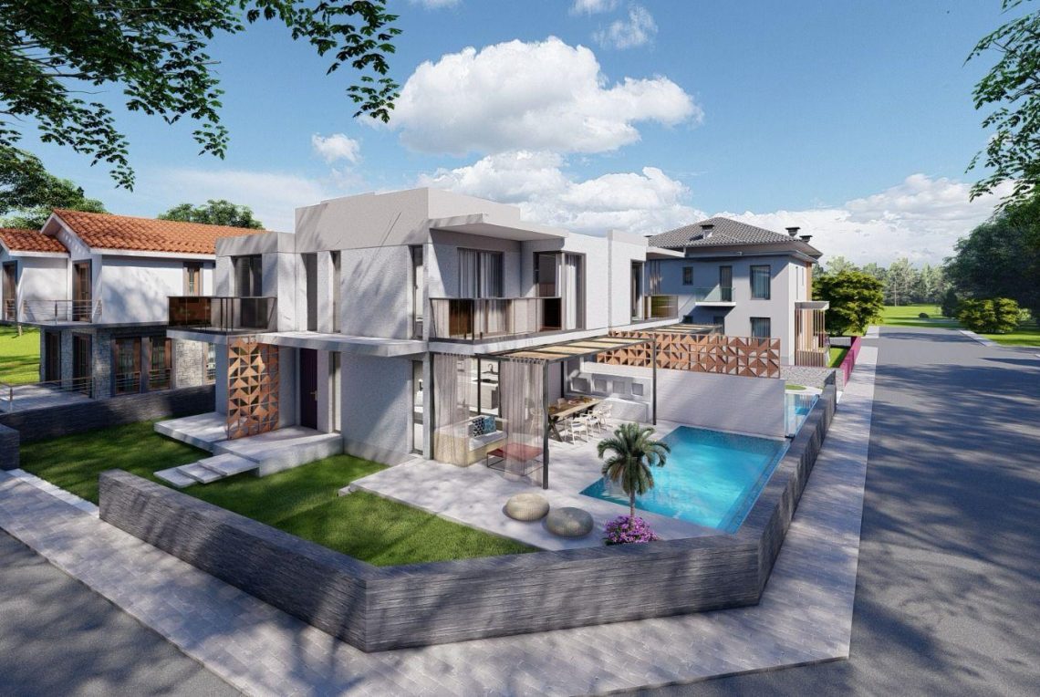 Side view of two detached villas with private swimming pools, landscaped gardens, and panoramic views in Turkey