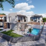 Side view of two detached villas with private swimming pools, landscaped gardens, and panoramic views in Turkey