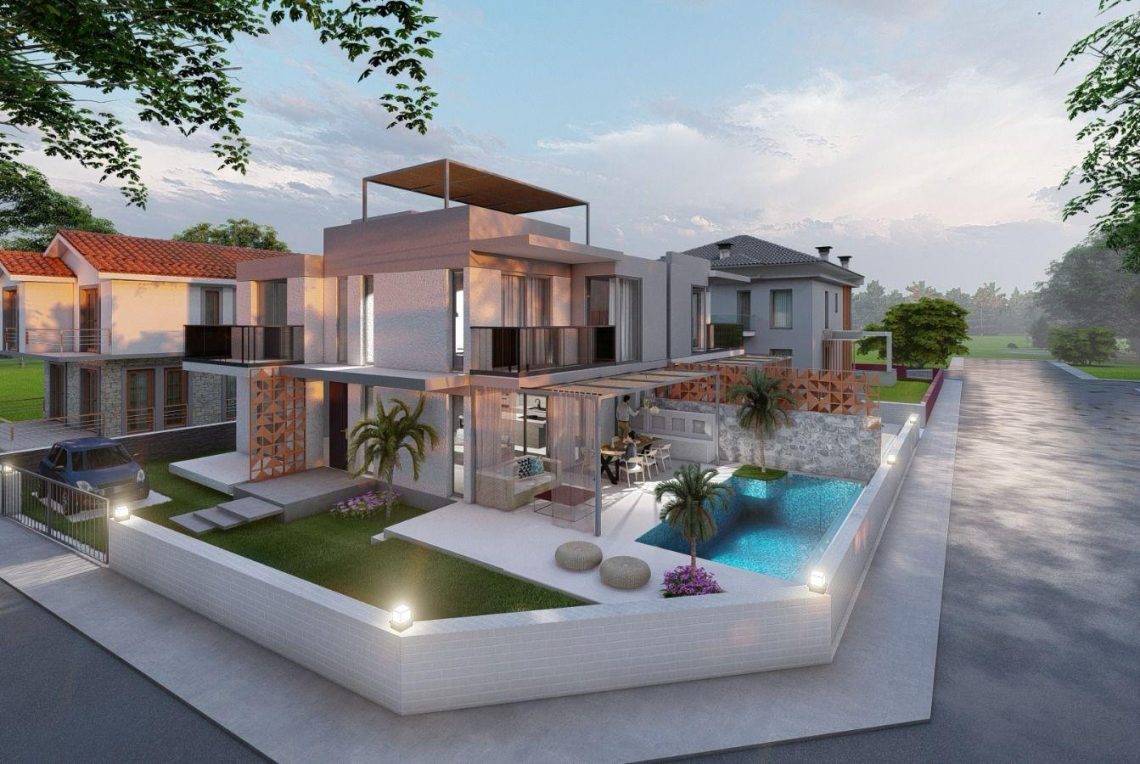 Side view of two detached villas with private swimming pools and landscaped gardens in Turkey