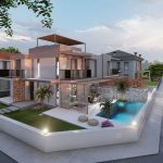 Side view of two detached villas with private swimming pools and landscaped gardens in Turkey