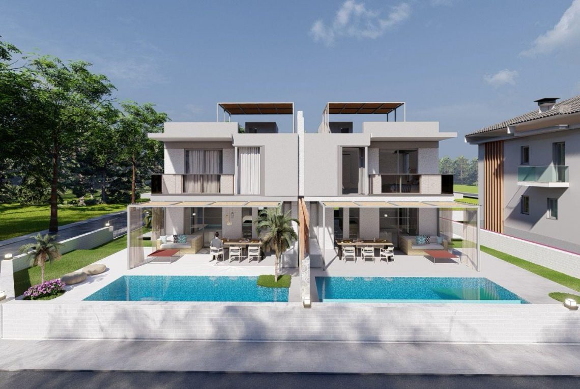 Two detached luxury villas with private swimming pools and landscaped gardens in Turkey